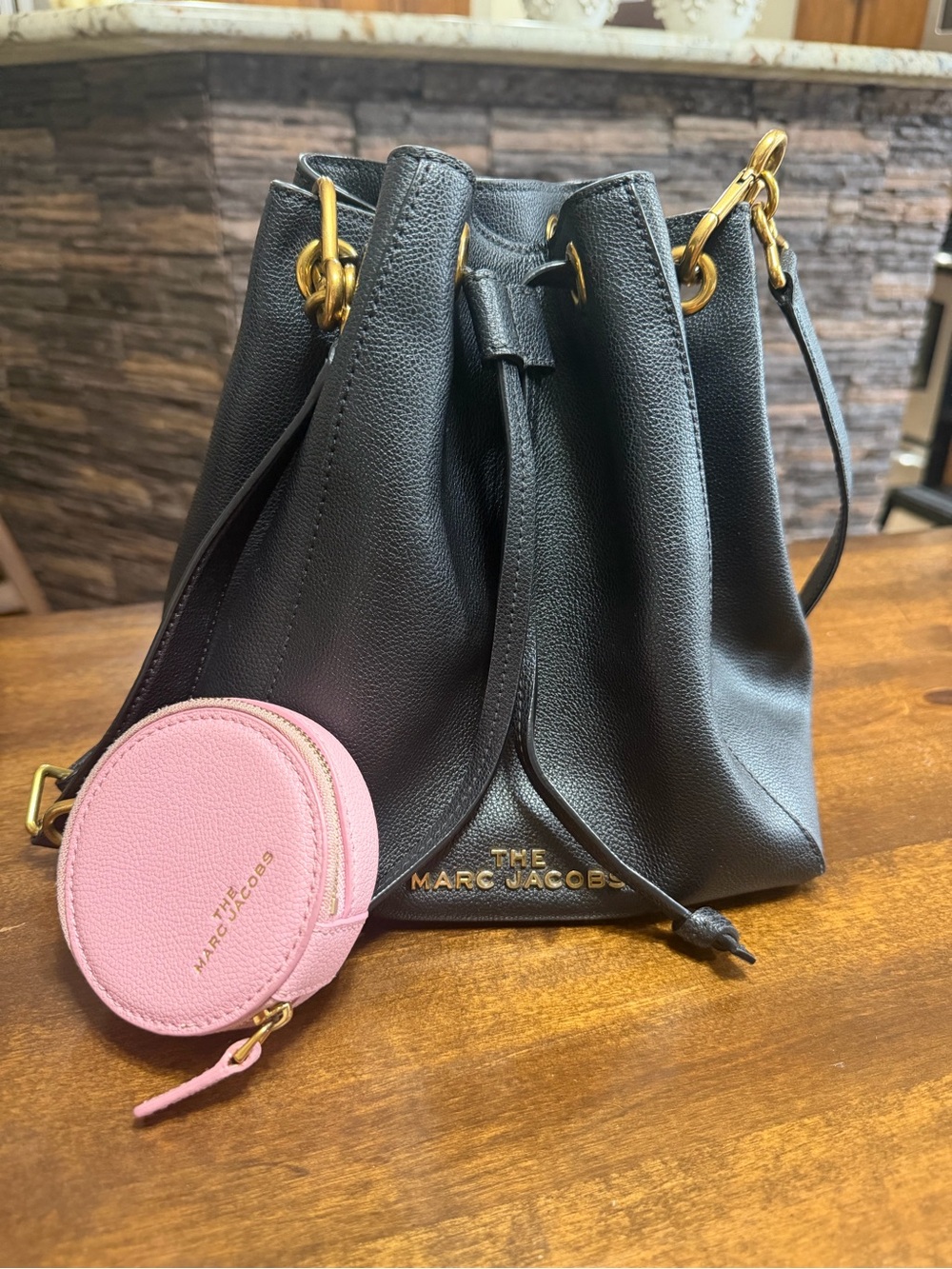 Marc Jacobs Black Leather Drawstring Bucket Bag with Pink Coin Pouch